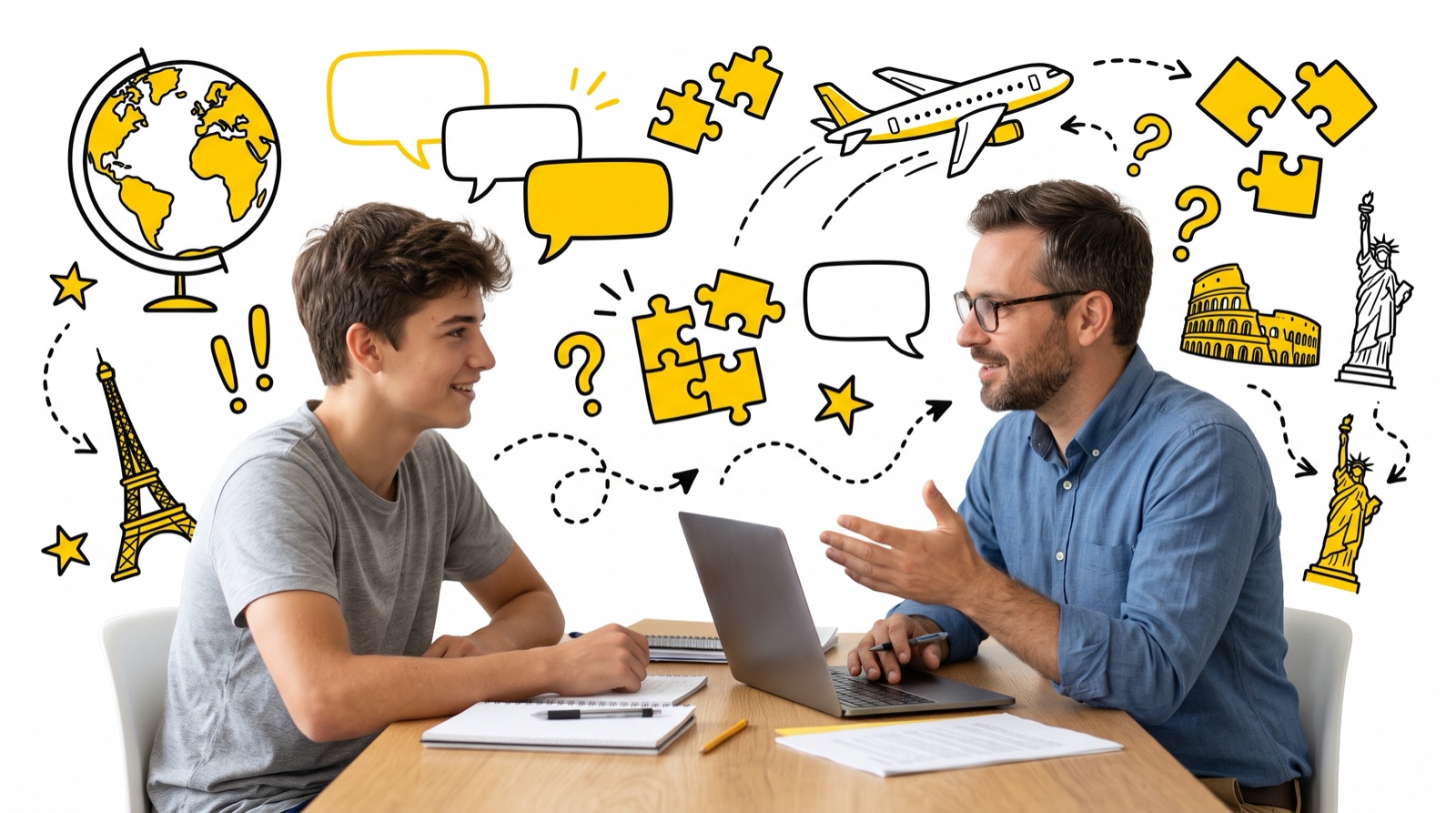 Orientador educacional conversando com um aluno, cercado por ícones de viagem, idiomas e culturas