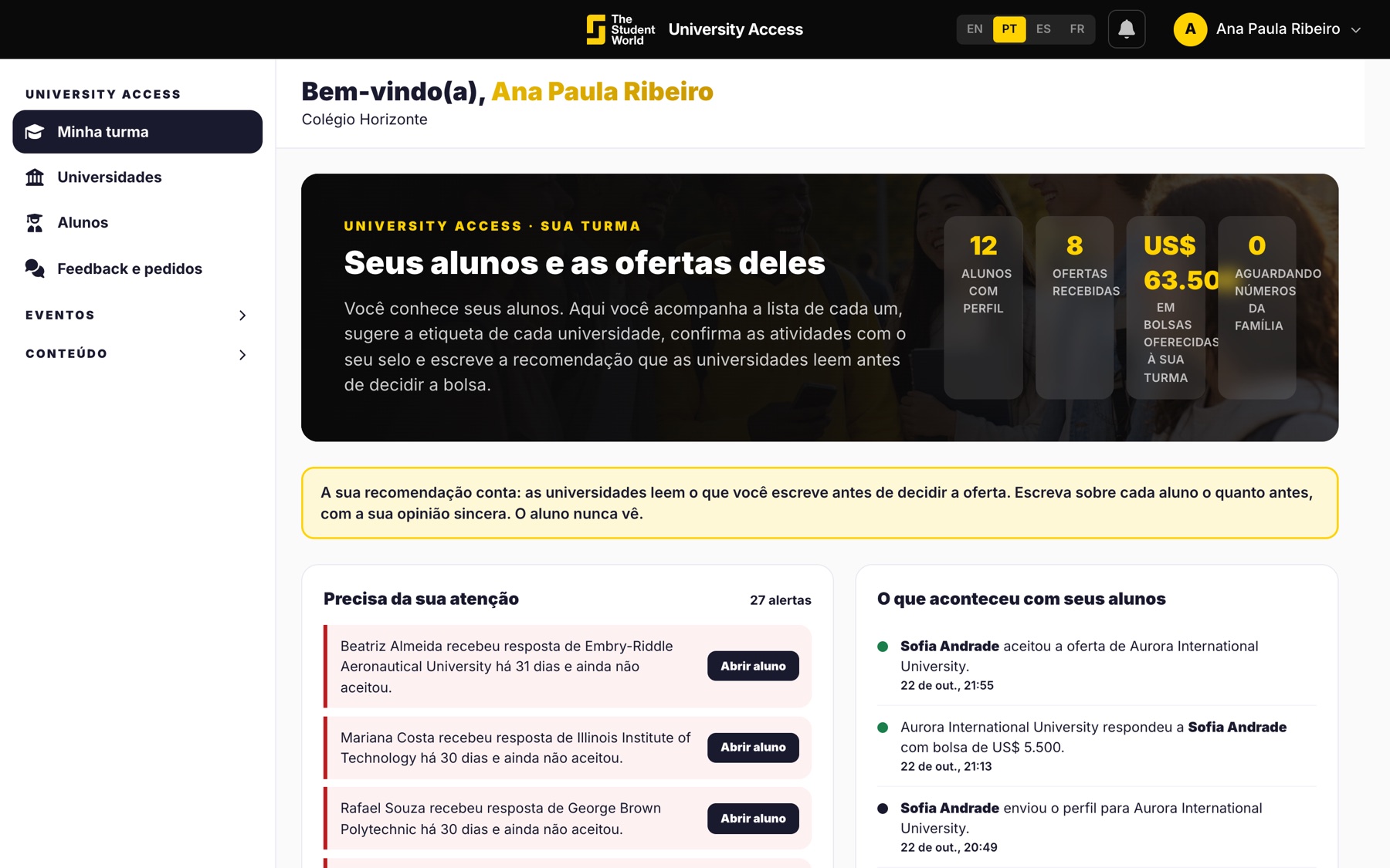 Tela do orientador, uma das três que a apresentação mostra