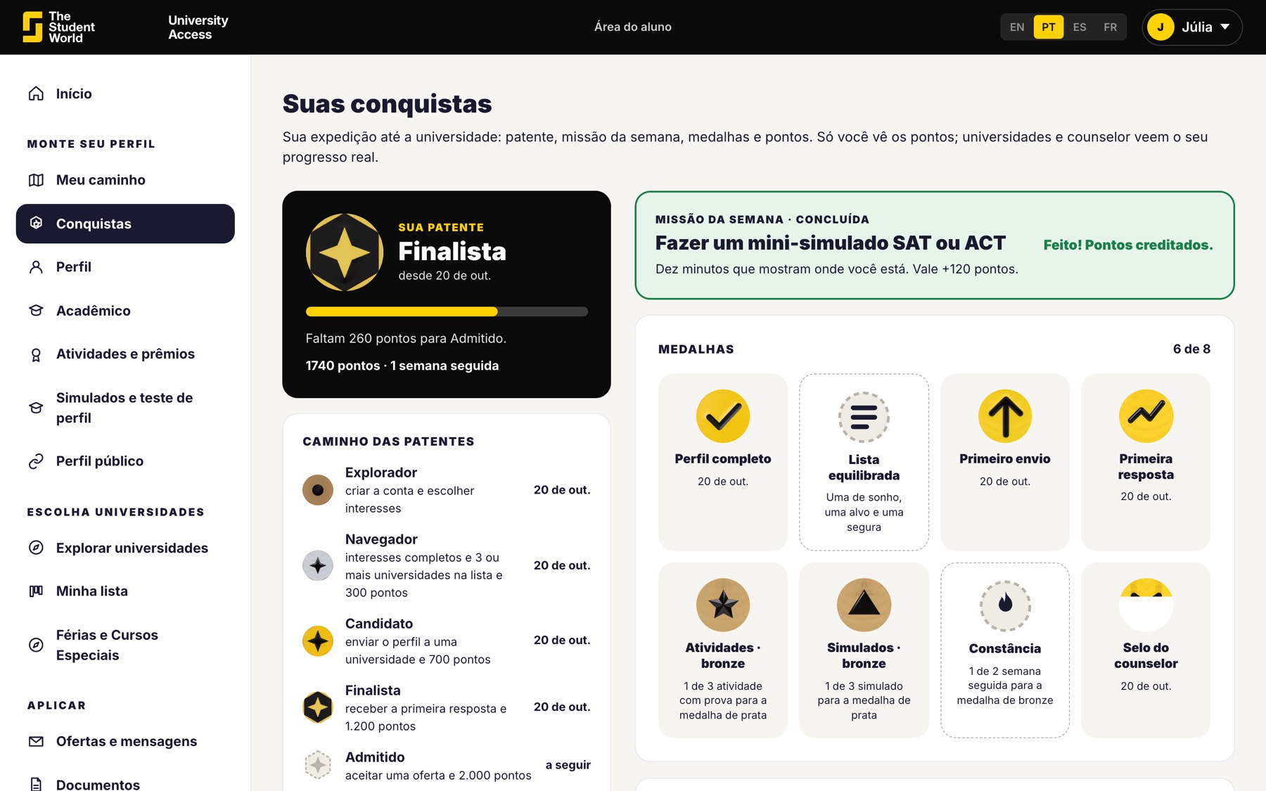 Conquistas do aluno, incluindo simulados