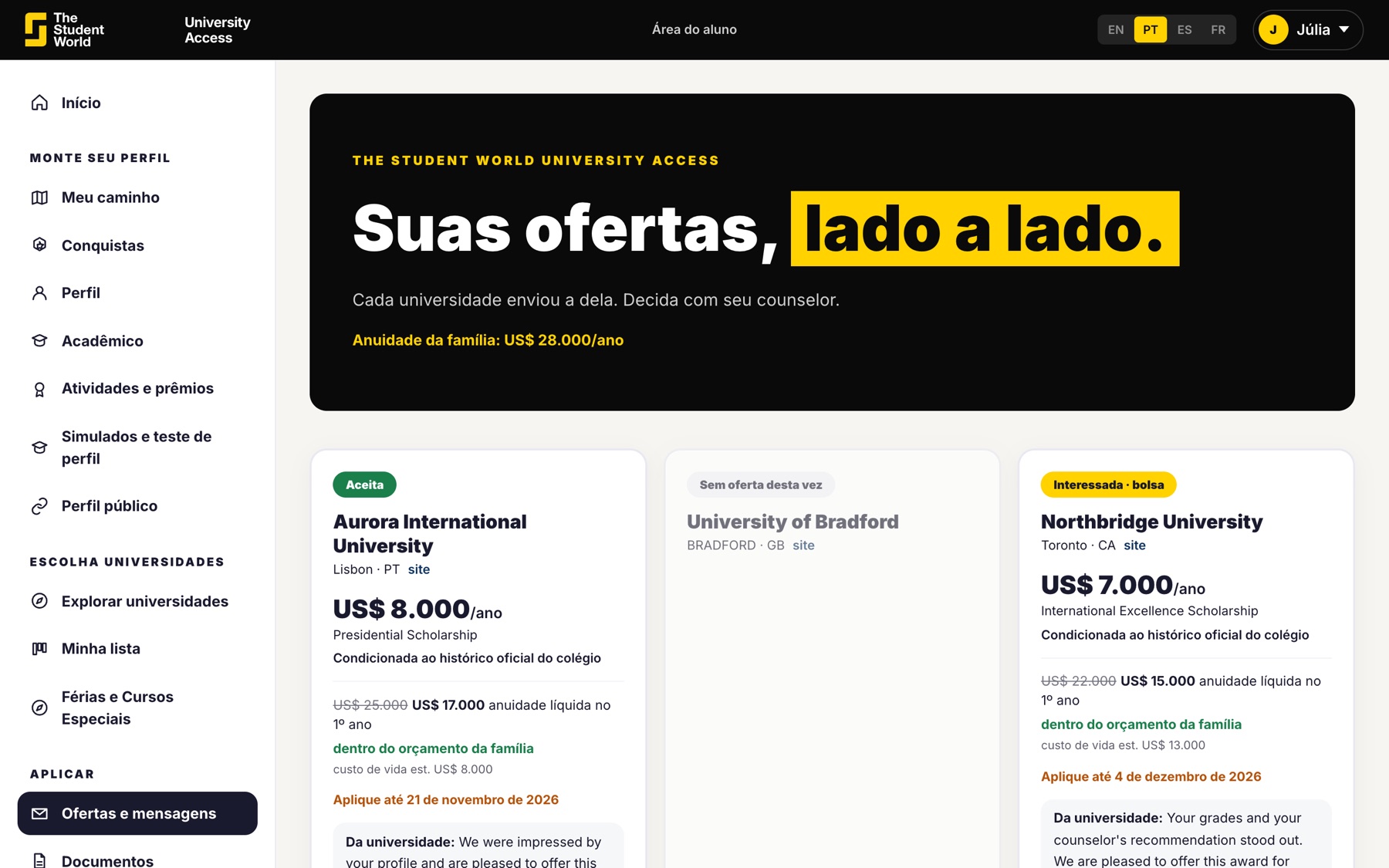 Ofertas na área do aluno
