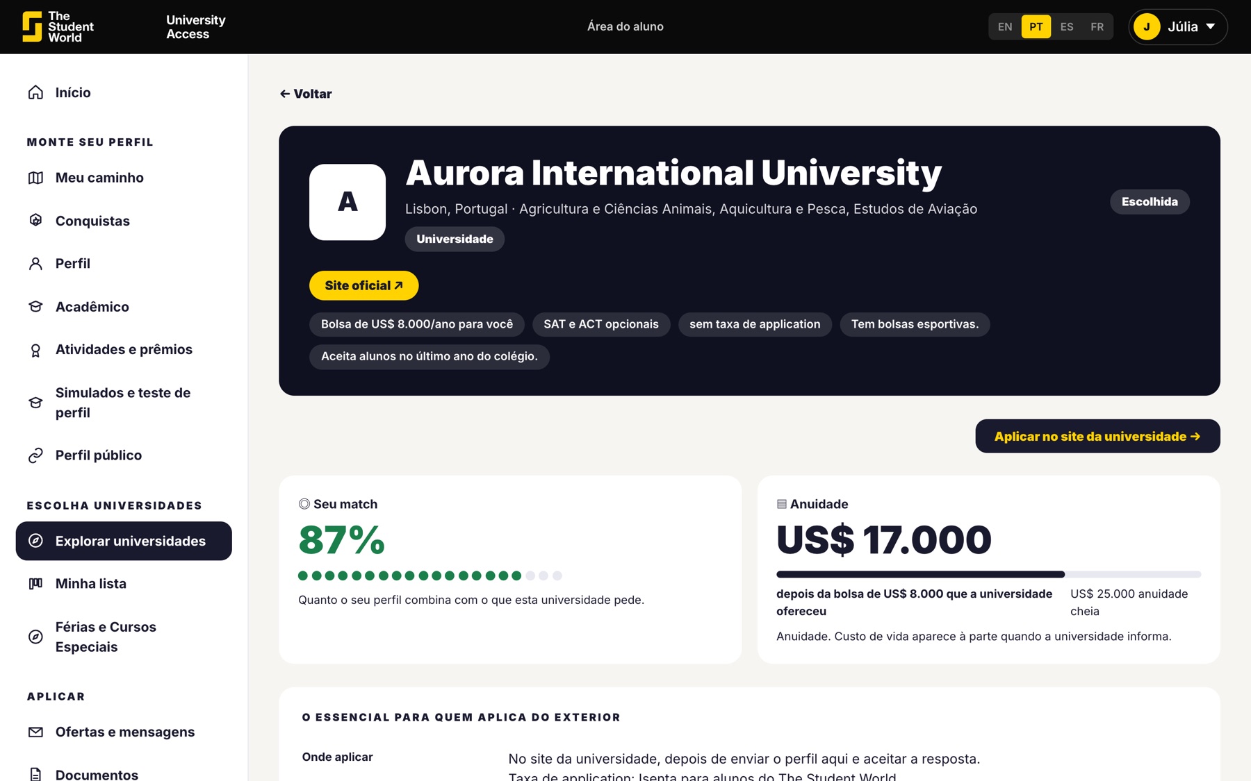 Página de uma universidade com dados de bolsa
